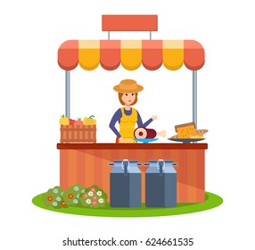Market farmer selling of natural farm food products. A girl farmer at the counter sells vegetables and food from her garden and country plot. Modern vector illustration isolated in cartoon style.