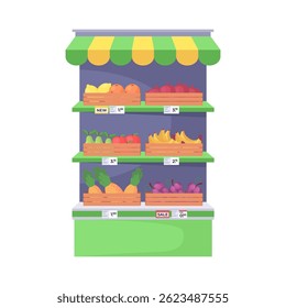 The market is filled with various fruits and vegetables, including bananas, apples, pears, and oranges. Vector illustration in a flat style