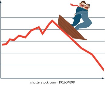 Market Fluctuation. Two Terrified Businessman In A Boat Going Down With A Market Trend, Vector Illustration