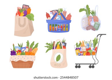 Saco de comida de mercado. Cesta cheia de compras do supermercado. Entrega loja venda isolados desenhos animados planos elementos. Mercearia, frutas e legumes, carne e peixe. Ilustração de recheio de varejo de loja de vetor