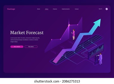 Market forecast banner. Economy analysis, financial strategy, research business opportunities. Vector landing page with isometric illustration of charts, growth graph and people