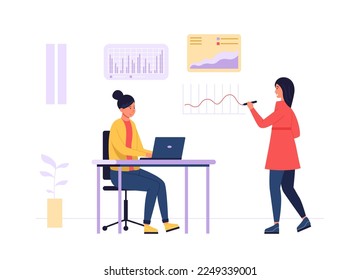 Market forecast. Employee sitting at desk with laptop and taking notes, female character drawing graph. Financial and economic analysis, data analytics, colleagues discussing information vector