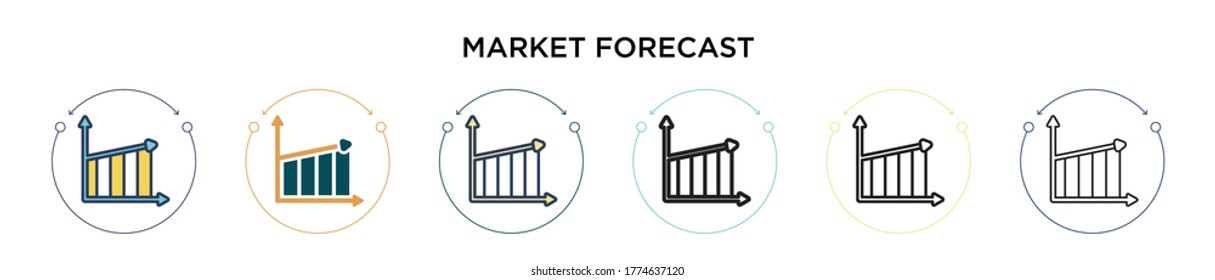 Icono de previsión de mercado en el estilo relleno, delgado, contorno y trazo. Ilustración vectorial de dos diseños de iconos vectoriales de previsión de colores y negro para móviles, ui, web