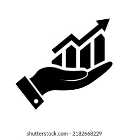 Market forecast icon in flat style. Growth symbol on white background. Diagram with an arrow on the hand in black. Vector illustration for web site design, logo, app, UI