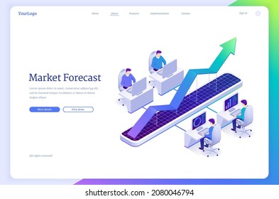 Market forecast isometric landing page. Brokers characters trying to predict stock economic for making financial benefit growth. Prediction of trends, business forecast concept. 3d vector web banner svg