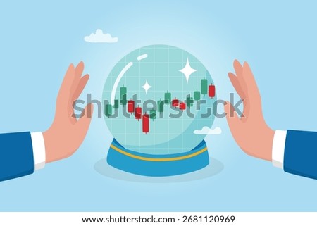 Market forecast, prediction or future outlook, financial stock market, crypto currency price going up and down, investment analysis vision, trader hand on magic crystal ball to see market forecast.