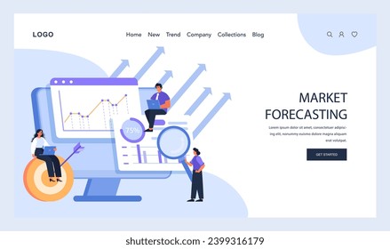 Previsión de mercado en foco. Los profesionales estudian las tendencias del mercado en una pantalla gigante, analizando proyecciones futuras con flechas dinámicas. Los elementos de estrategia y predicción son evidentes. Vector plano.