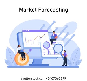 Marktprognose im Fokus. Profis untersuchen Markttrends auf einem Riesenbildschirm und analysieren zukünftige Prognosen mit dynamischen Pfeilen. Strategie- und Vorhersageelemente liegen auf der Hand. Flacher Vektor.