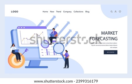 Market Forecasting in focus. Professionals study market trends on a giant screen, analyzing future projections with dynamic arrows. Strategy and prediction elements evident. Flat vector .