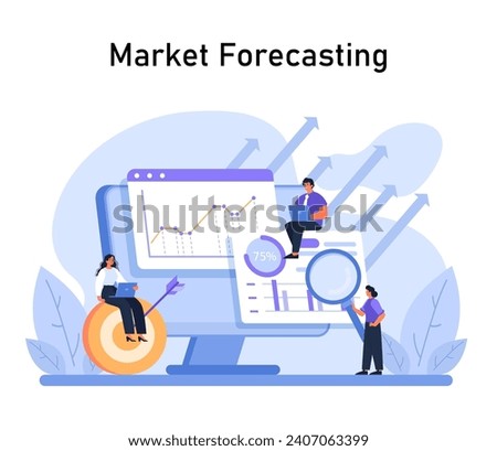 Market Forecasting in focus. Professionals study market trends on a giant screen, analyzing future projections with dynamic arrows. Strategy and prediction elements evident. Flat vector .