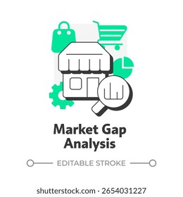 Market gap analysis flat outline concept icon. Identify unmet customer needs. Opportunities for new products. Modern line illustration with green glyphs. Conceptual visual. Easy to edit