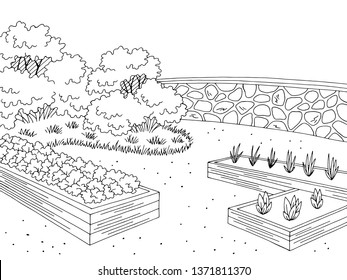 Market garden graphic black white landscape sketch illustration vector