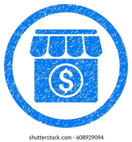 Market grainy textured icon inside circle for overlay watermark stamps. Flat symbol with dust texture. Circled vector blue rubber seal stamp with grunge design.
