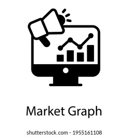 Market graph solid icon, business infographics with megaphone inside monitor 