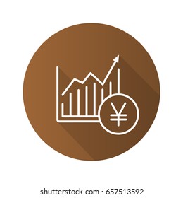 Market growth chart flat linear long shadow icon. Statistics diagram with yen sign. Vector outline symbol