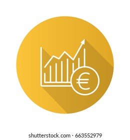 Market growth chart flat linear long shadow icon. Statistics diagram with euro sign. Vector outline symbol