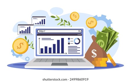 Market growth concept. Laptop with graphs and diagrams near bag of gold coins. Financial literacy and passive income. Investing and trading. Flat vector illustration isolated on white background