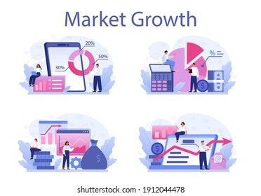 Market Growth Concept Set. Business Progress. Business Expansion. Idea Of Company Promotion For A New Marketplace. Finance Increase And Business Success. Flat Vector Illustration