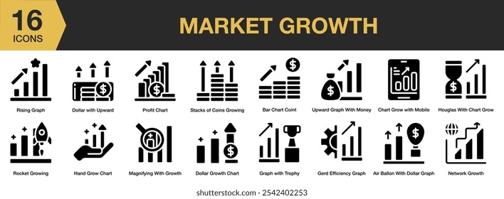 Market Growth solid icon set. Includes air ballon, bar chat, coin, dollar growth, upward, graph, and More. Solid icons vector collection.