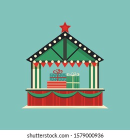 Market holiday stall flat vector icon. Christmas gift boxes decoration shop retro color cartoon. Town outdoor fair tent. New year's eve bazaar wooden kiosk. Festive shopping background illustration