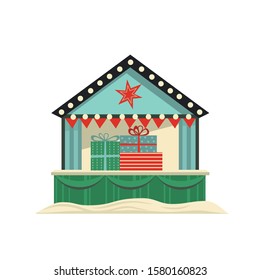 Market holiday stall flat vector icon. Christmas gift boxes decoration shop retro color cartoon. Town outdoor fair tent. New year's eve bazaar wooden kiosk. Festive shopping background illustration