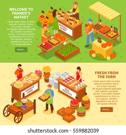 Market horizontal banners set with sale fresh farm products isometric compositions text and read more button vector illustration