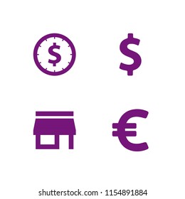 market icon. 4 market set with front store, coin, dollar symbol and euro vector icons for web and mobile app