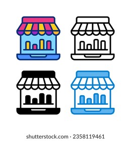 icono de mercado en 4 estilo plano, línea, glifo y duotono