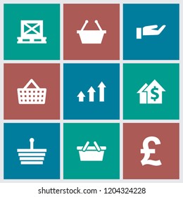 Market icon. collection of 9 market filled icons such as shopping basket, cargo on palette, graph, dolar growth, pound, shopping bag. editable market icons for web and mobile.