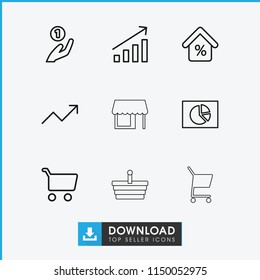 Market icon. collection of 9 market outline icons such as coin on hand, shopping cart, pie chart, mortgage, graph, store. editable market icons for web and mobile.