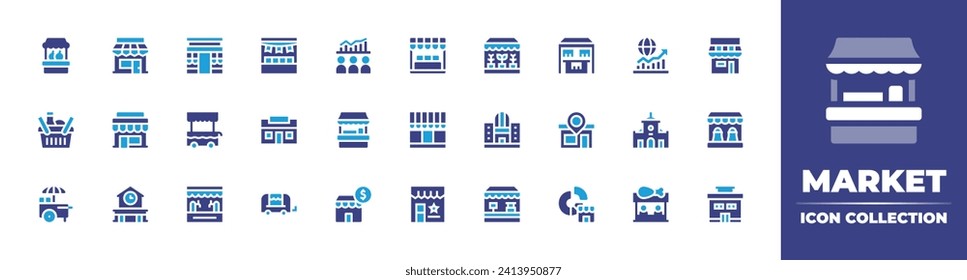 Market icon collection. Duotone color. Vector and transparent illustration. Containing stand, consumer, global economy, basket, food stall, ben thanh market, shop, chicken, store, market, plants, gift