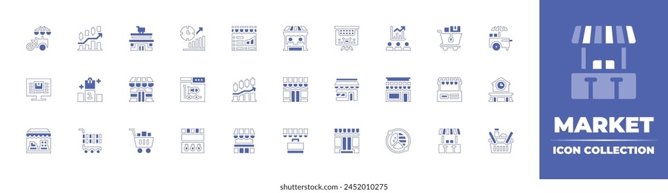 Market icon collection. Duotone style line stroke and bold. Vector illustration. Containing stock market, food stall, shopping cart, podium, store, basket, shoes, market, food cart, stand, bar chart.