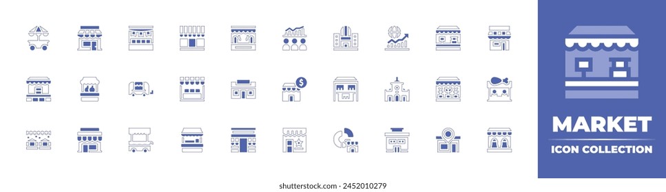 Market icon collection. Duotone style line stroke and bold. Vector illustration. Containing stand, consumer, global economy, food cart, food stall, ben thanh market, shop, store, christmas market.