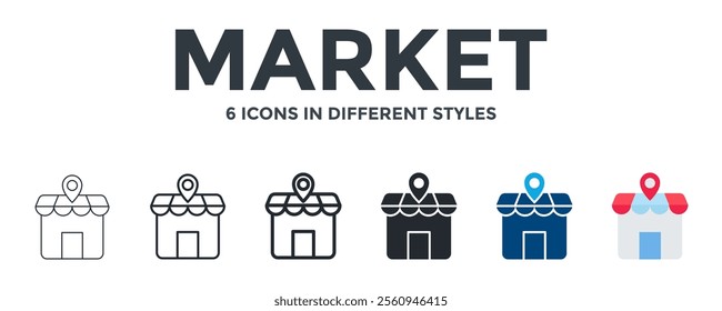 MARKET icon in different style vector illustration. Designed in thin line, regular line, bold line, glyph, color fill, and flat style can be used for web