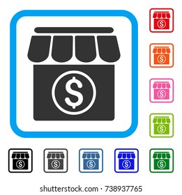 Market icon. Flat grey iconic symbol inside a light blue rounded rectangle. Black, gray, green, blue, red, orange color variants of Market vector. Designed for web and app interfaces.
