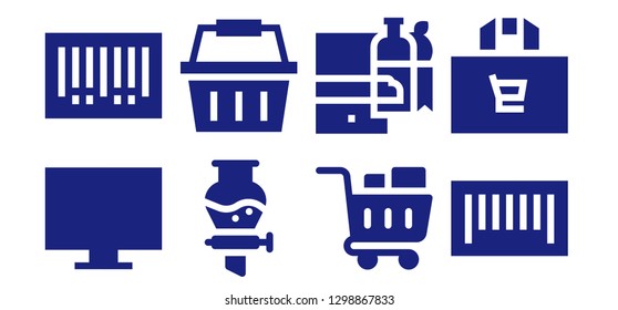  market icon set. 8 filled market icons. Simple modern icons about  - Online shop, Barcode, Funnel, Shopping basket, Shopping cart, Shopping online, bag