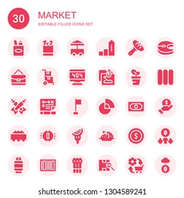 market icon set. Collection of 30 filled market icons included Shopping bag, Groceries, Cart, Increase, Sausage, Bag, Delivery cart, , Portfolio, Growth, Darts, Strategy, Corner