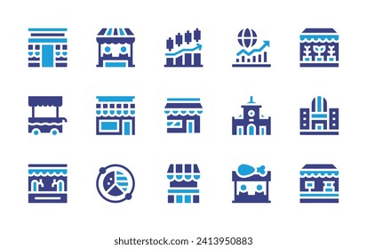 Juego de iconos de mercado. Color de duotona. Ilustración vectorial. Con puesto de comida, economía global, mercado de valores, tienda, ben thanh mercado, mercado, pollo, plantas, cerveza, puesto, carrito de comida, centro comercial.