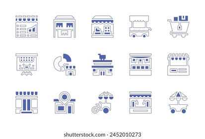 Market icon set. Duotone style line stroke and bold. Vector illustration. Containing food cart, shoes, shopping cart, stand, stock market, market, gift, pareo, beer, pie chart, store.