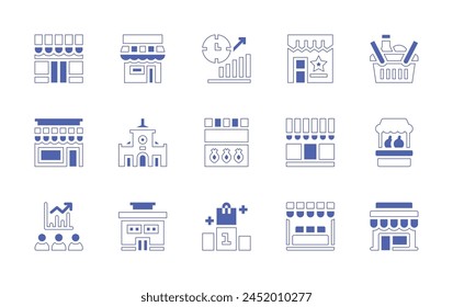 Market icon set. Duotone style line stroke and bold. Vector illustration. Containing stand, podium, store, basket, ben thanh market, bar chart, stockbroker, food stall, shop, fish market, market.