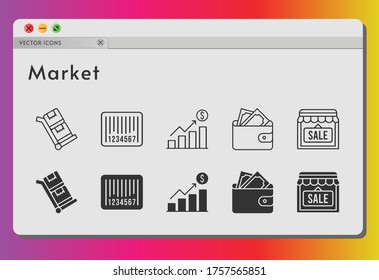 market icon set. included profits, wallet, shop, barcode, trolley icons on white background. linear, filled styles.