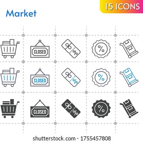 market icon set. included shopping cart, closed, discount, trolley icons on white background. linear, bicolor, filled styles.