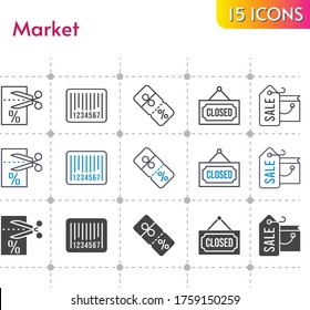 market icon set. included shopping bag, voucher, discount, closed, barcode icons on white background. linear, bicolor, filled styles.