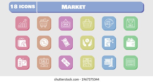 market icon set. included shopping bag, profits, sale, wallet, shop, voucher, shopping cart, discount, barcode, open icons on white background. linear, filled styles.