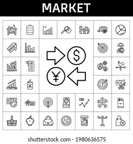 market icon set. line icon style. market related icons such as pepper, basket, voucher, discount, bag, cart, dollar, trolley, supermarket, line chart, fish food, shopping list