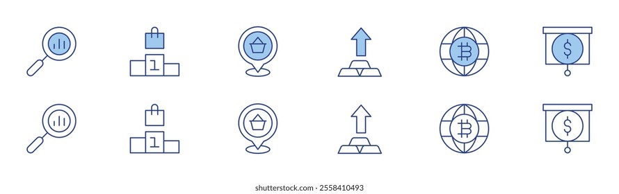 Market icon set in two styles, Duotone and Thin Line style. Editable stroke. gold, world, analytics, podium, economy, location pin.