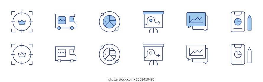 Market icon set in two styles, Duotone and Thin Line style. Editable stroke. customer, food truck, market, strategy, analysis, report.