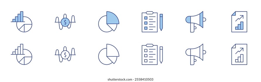 Market icon set in two styles, Duotone and Thin Line style. Editable stroke. pie chart, wishlist, megaphone, frequency, profits.