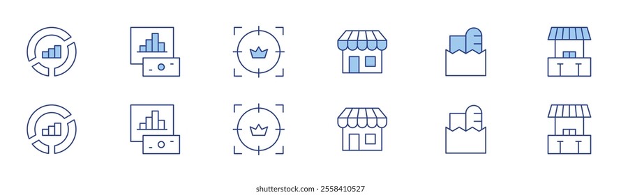 Market icon set in two styles, Duotone and Thin Line style. Editable stroke. store, market analysis, stocks, customer, grocery bag, market.