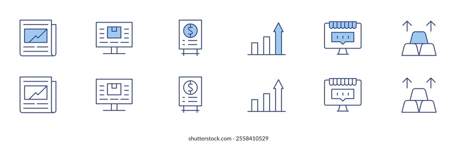 Market icon set in two styles, Duotone and Thin Line style. Editable stroke. financial, market research, price list, increase, ecommerce, gold.